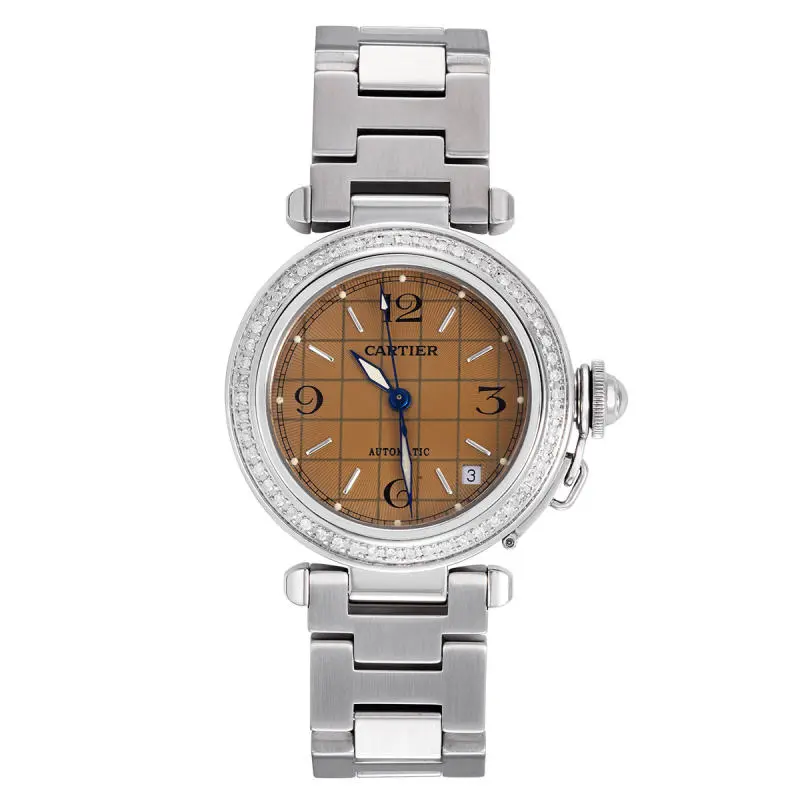 Cartier Pasha W31024M7 Stainless Steel Copper Grid Dial Custom Diamond Bezel WHP041358