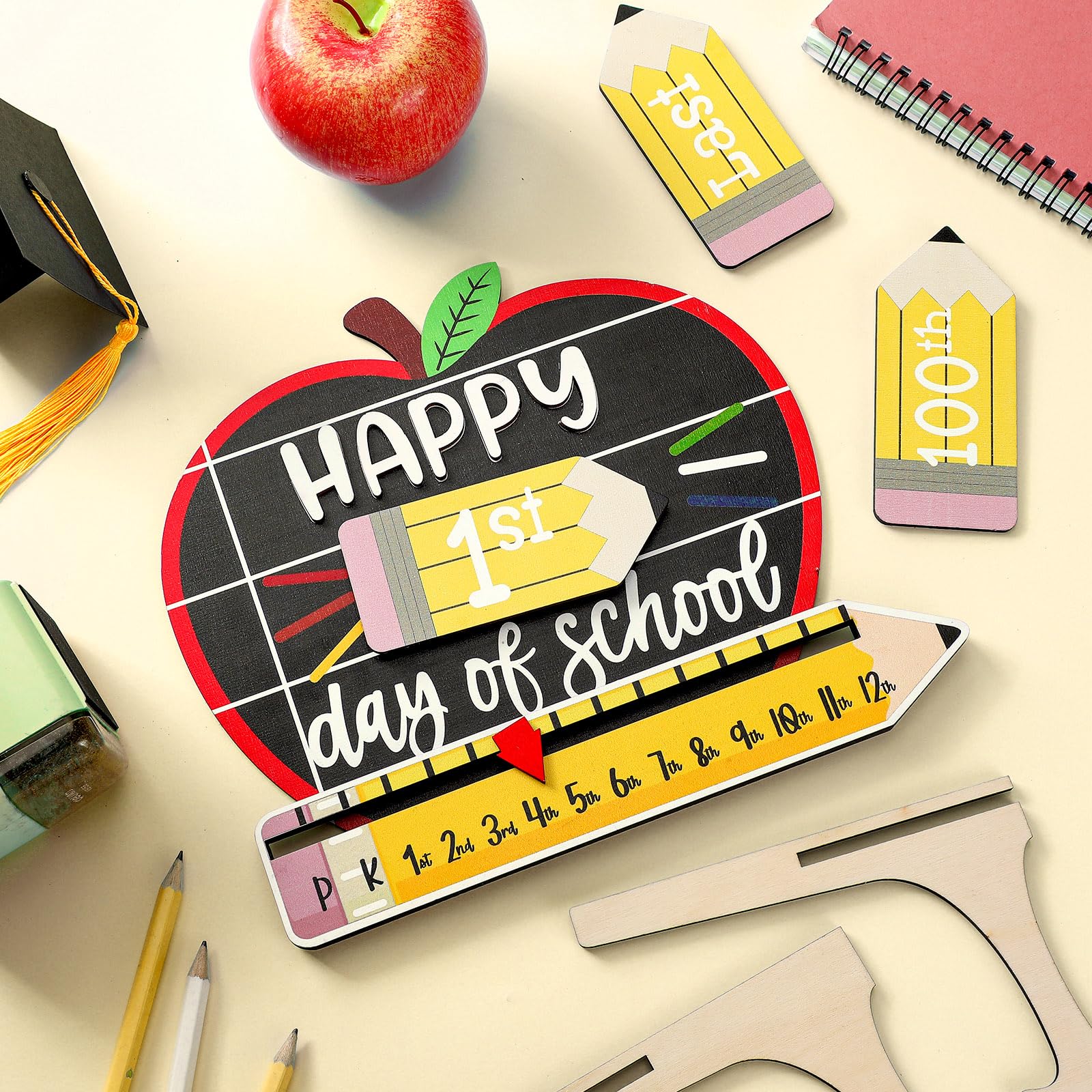 First & Last Day of School Sign Reusable Dry Erase 8" - Back to School Board Gifts Wooden Pencil Style, Cute Pencil Bow Notebook Design for Pre-K Kindergarten Photo Props First Day Last Day Traditions Teachers Parents Essentials Class of 2026
