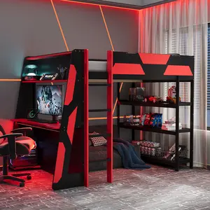 Full Size Gaming Loft Bed with Desk Shelves LED Lights Black Red