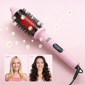 Aurawand 2026 Pink Infrared Thermal Styling Brush – 2-in-1 Ionic Hair Straightener & Curler Comb – Heat Protect Volumizer with Adjustable Temps & Bonus Clips
