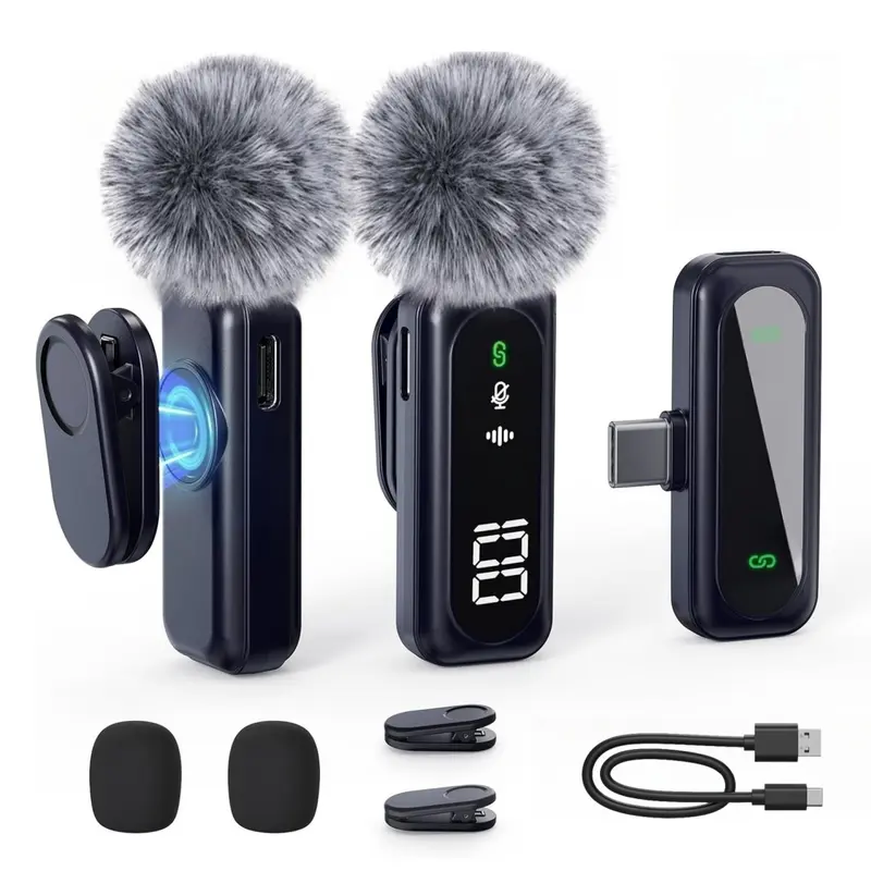 Wireless Lavalier Microphone with Digital Battery Display 360° Omnidirectional Noise Cancelling 100FT Range Rotatable Clip for iPhone 15/16 Android PC iPad Tablet