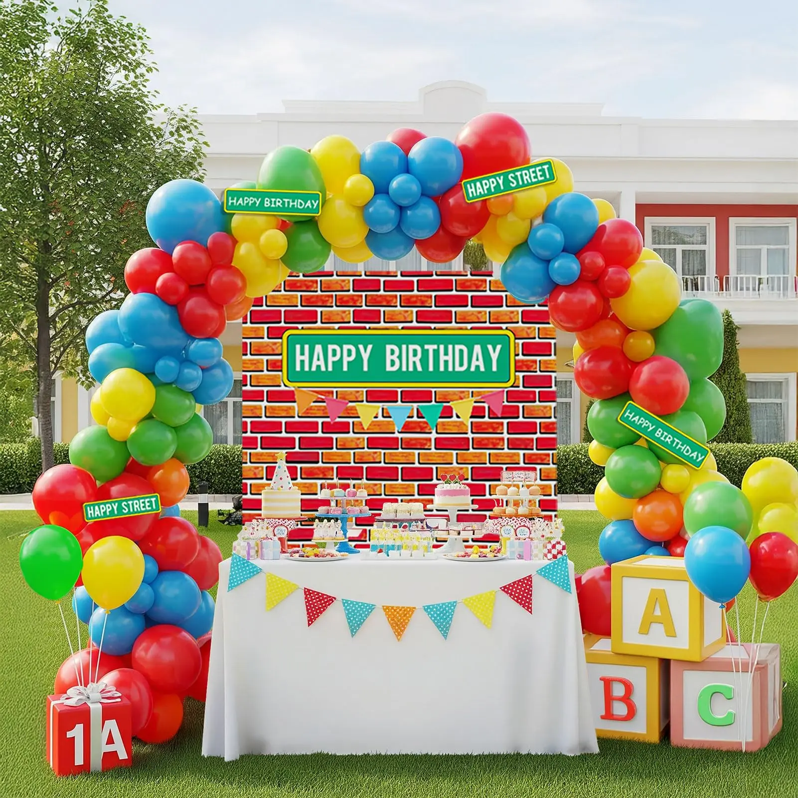 Sesame Friends Birthday Party Decorations 140pcs Theme Primary Color Balloon Garland Kit With Red Brick Wall Backdrop And Sticker For Supplies