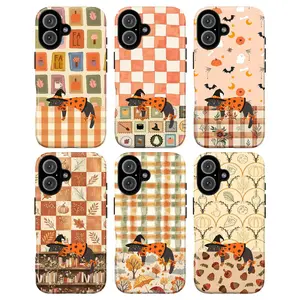 Adorable Fall Themed Cute Witch Lazy Cat Autumn Vibe Cartoon Graphic Art Trendy Tough Phone Case. Cozy Halloween Aesthetic Heavy Duty Shockproof Protective Smartphone Cover for iPhone 17 Pro Max 16 Air 15 14 13 12 11.