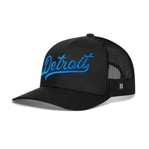 Detroit Blue Script Trucker Hat  |  Black Michigan Snapback