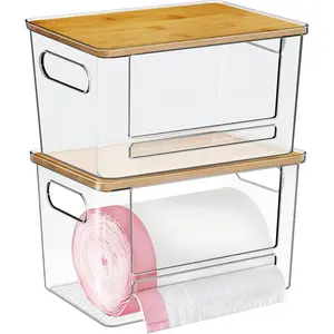 Trash Bag Dispenser 2 Pack - Under Sink Organizer, Plastic Bag Holder, Stackable Acrylic Garbage Bag Storage with Bamboo Lid for Kitchen Cabinet, 13/30/33 Gallon Grocery Bag Dispenser
