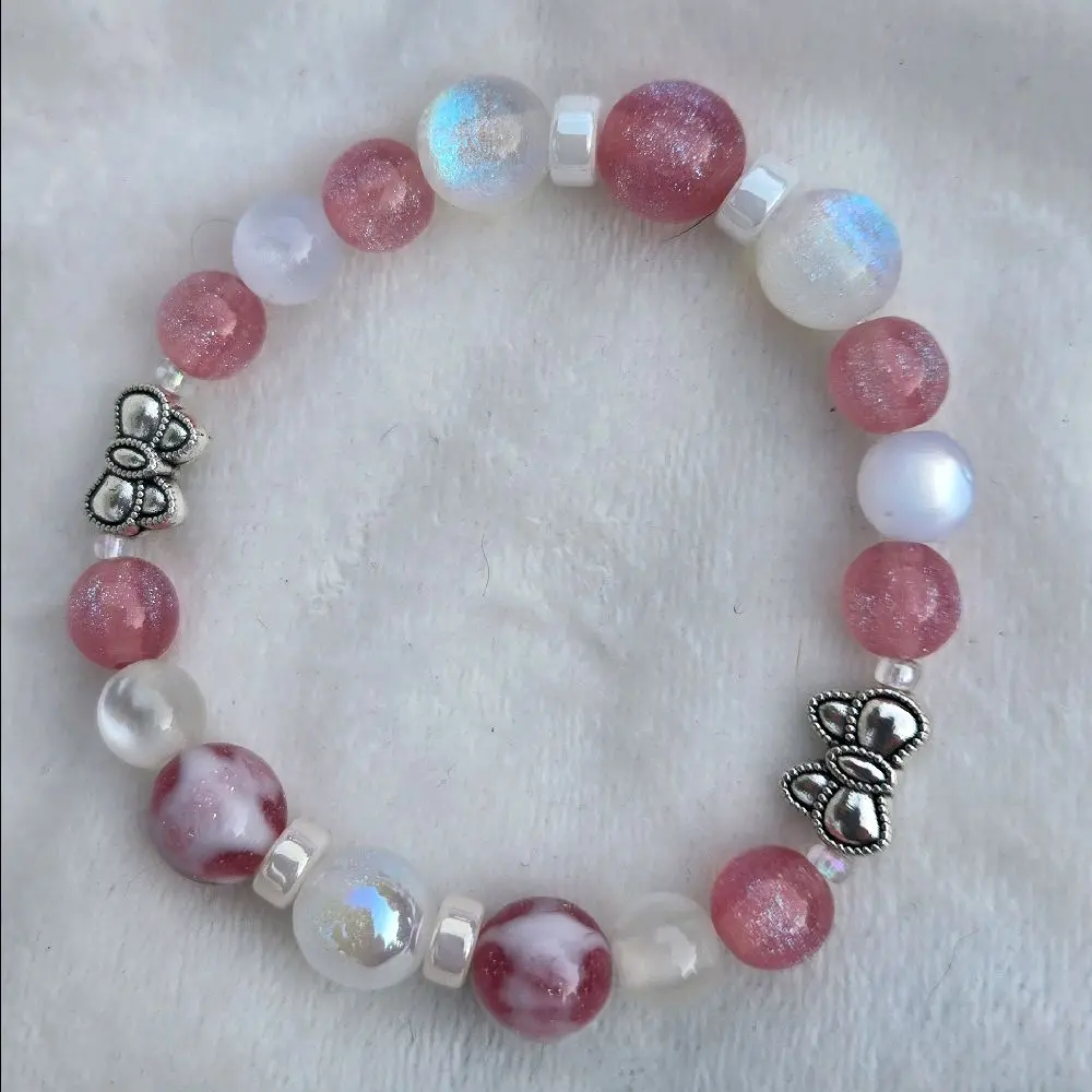 Glitter and Ribbons bracelet- with pink and white with bows