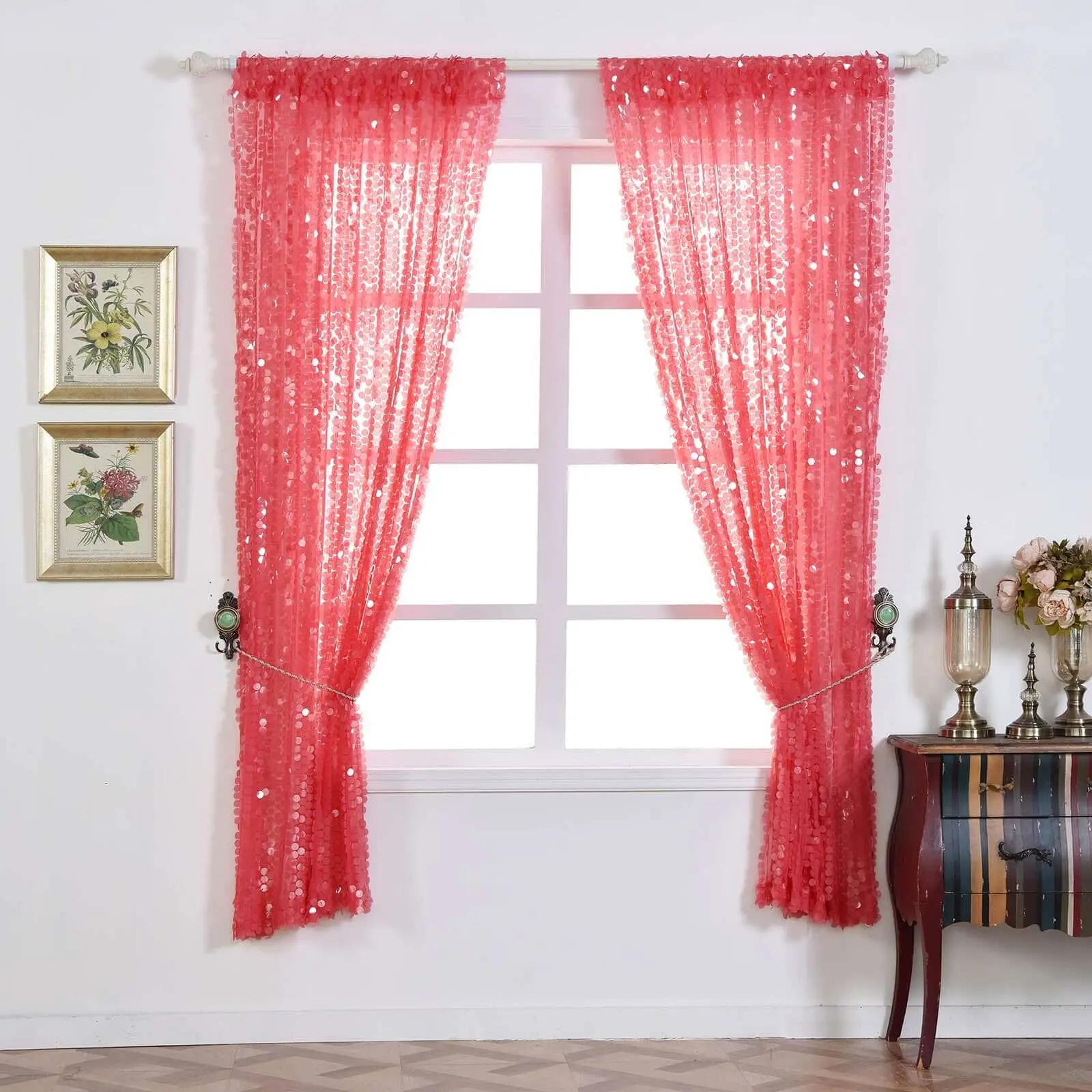 2-Pack Coral Big Payette Sequin Home Decorative Curtains - 52"x64" Rod Pocket Top Window Panels, Living Room Decor, French Doors Fit, Photo Backdrop, Clearance Sale