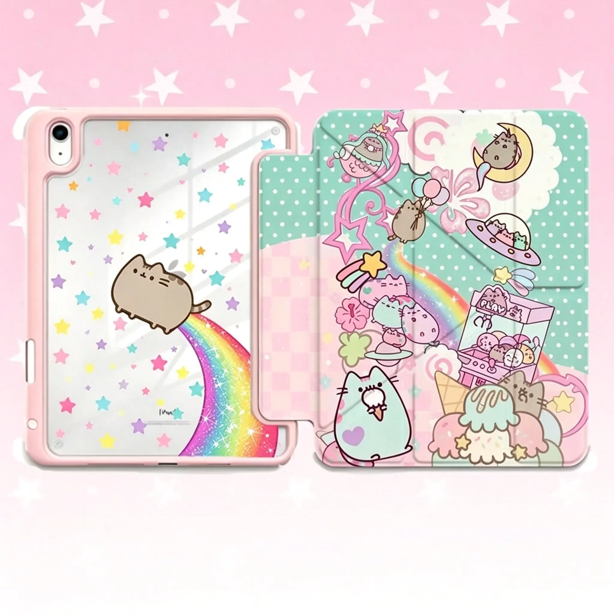 Kawaii Pusheen Tablet Case Cover - Rainbow Cat & Arcade Claw Machine Design, Colorful Star Back, UFO Alien Kitten Graphic, Pastel Dreamy Aesthetic, Casing for iPad Air/Pro/Mini (10.2-13 in), Protection, Women's Accessories, Ideal Birthday Gift