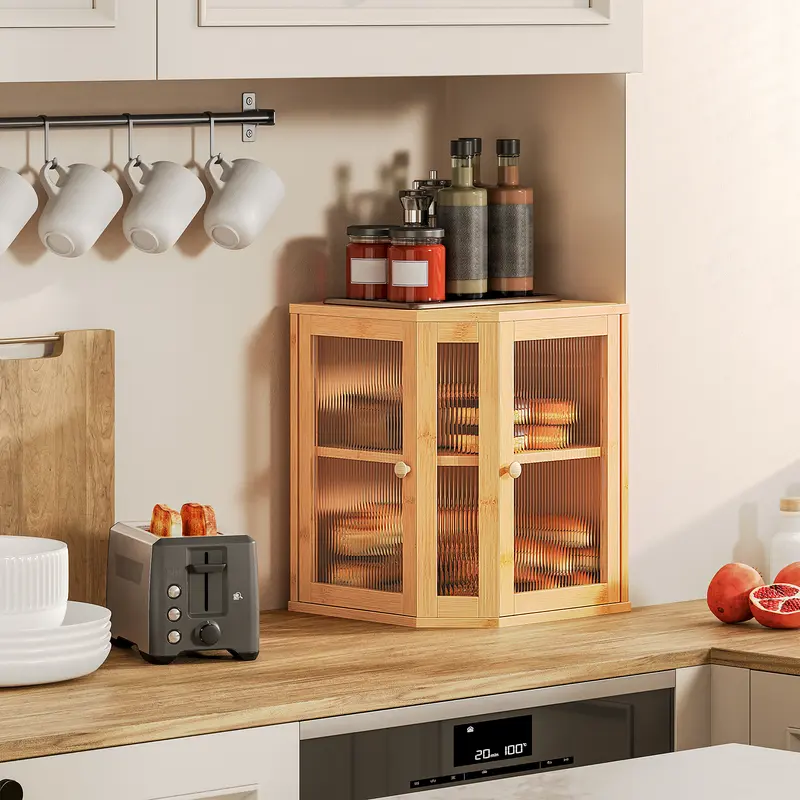 HOOBRO Natural Bamboo Bread Box - 2-Tier Corner-Fit Containers, Large Capacity Countertop Storage with Dual Ripple Pattern Acrylic Doors, Warm Look, Smooth Bamboo, Easy Wipe, Keeps Bread Soft Longer, Kitchen Decor (Geometric Design)#springtok