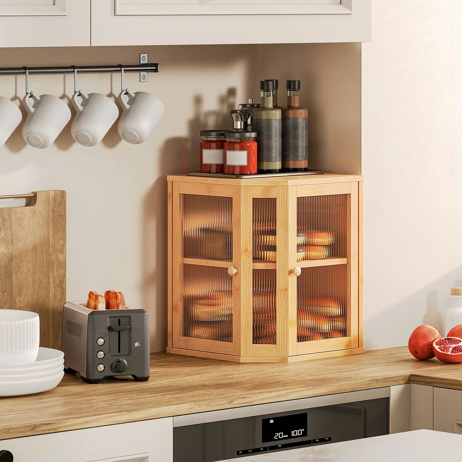 HOOBRO Bamboo Bread Box Large Capacity 2-Tier, Kitchen Countertop Corner Bread Box, Bread Storage Container with Dual Rippled Acrylic Doors, for Kitch