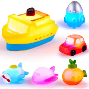 6 Packs No Hole Boat Bath Toy Set, Light up Changing Color in Water, Floating Rubber Bathtub Toys for Baby Toddler Infant Boy Girl Kid Play, Led Growing Pal in Shower Bathroom Tub or Swimming Pool