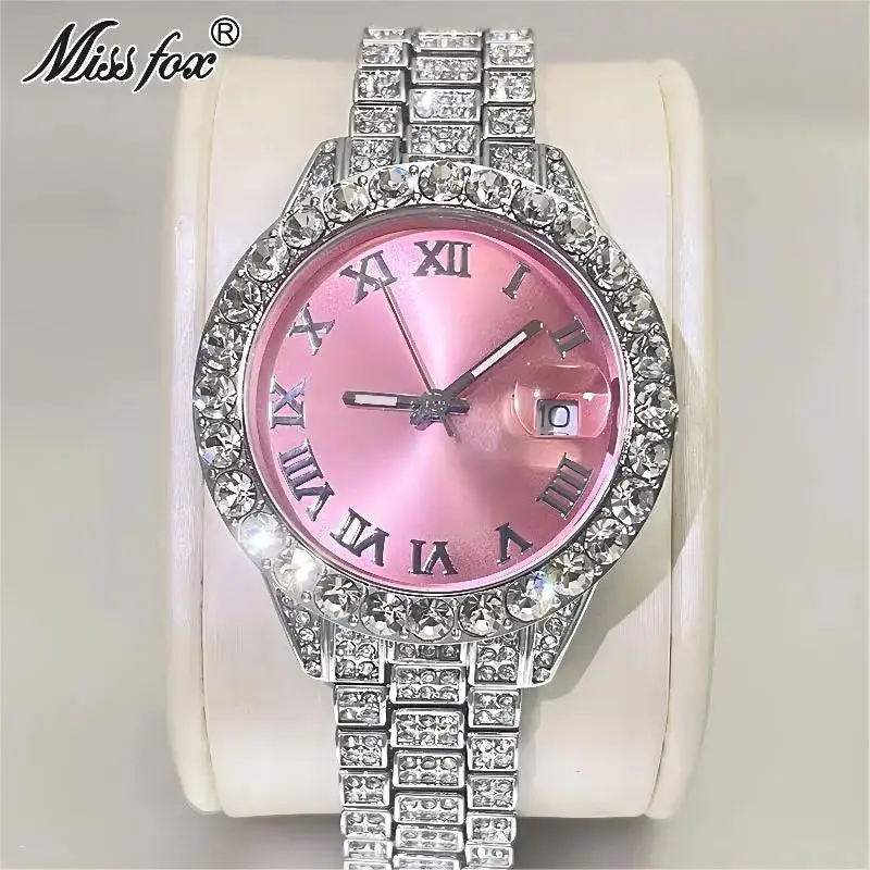 MISSFOX Women's 36mm Luxury Pink Quartz Watch, Elegant Small Face Icy Look Timepiece, Party Jewelry Accessory for Ladies, 36Mm Watch, Anti-Magnet, Watch Party