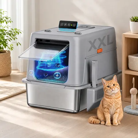 COMHOMA Stainless Steel Cat Litter Box | Extra Large 100L Enclosed Litter Box with Smart Odor Control, Auto Pause Sensor, 180° Flip Lid for Easy Cleaning, Anti-Leak High Walls, Step Mat & Scoop | Ideal for Multiple Cats