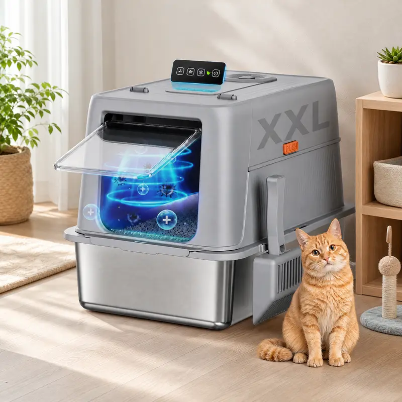 COMHOMA Stainless Steel Cat Litter Box | Extra Large 100L Enclosed Litter Box with Smart Odor Control, Auto Pause Sensor, 180° Flip Lid for Easy Cleaning, Anti-Leak High Walls, Step Mat & Scoop | Ideal for Multiple Cats
