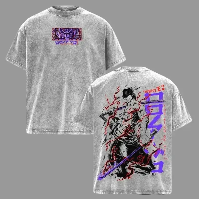 Roronoa Zoro King of Hell Vintage Acid Wash Graphic Tee - Oversized Heavy Cotton One Piece Anime T-Shirt For Men & Women - Epic Enma Sword Streetwear Apparel - Cool Y2K Gym Pump Cover Top - Retro Japanese Manga Clothing & Otaku Gift For Anime Fans! JZE
