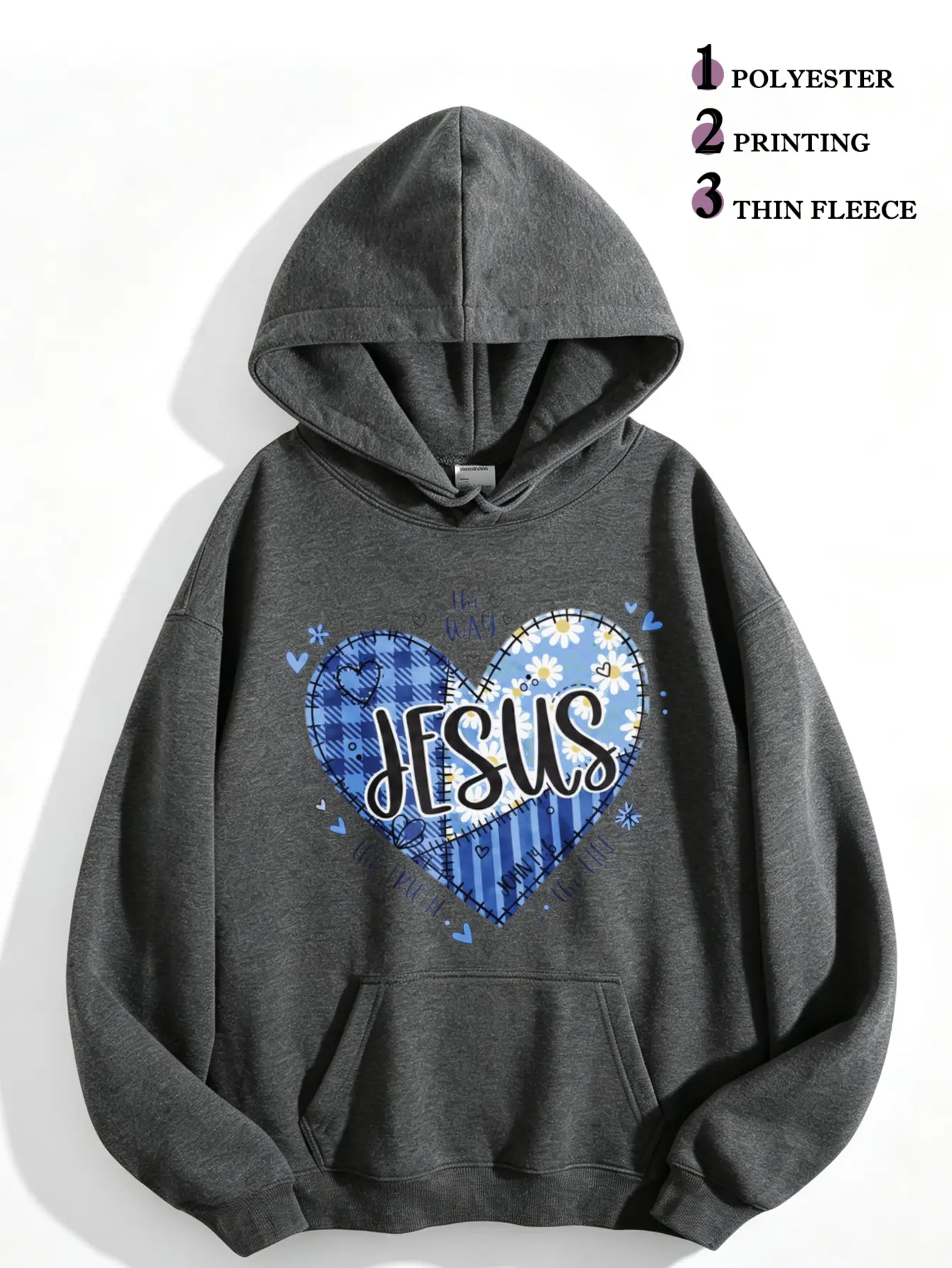 Women Jesus The Way The Truth The Life Hoodie, Patchwork Heart Daisy Plaid Christian Faith Graphic Pullover Sweatshirt, Religious Bible Verse Long Sleeve Hoodie For Fall Church Casual Outfit