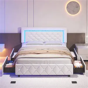 Twin/ Full/ Queen Bed Frame With Drawers, Upholstered Bed Frame With LED Lights, Modern Platform Bed Frame With Headboard And Footboard