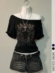 Women's Cross Print & Letter Print Asymmetrical Design Off-The-Shoulder Asymmetric Neckline Short-Sleeved T-shirt, A Versatile and Casual Basic Top Suitable for All Seasons, Perfect for Daily Women's Outfits