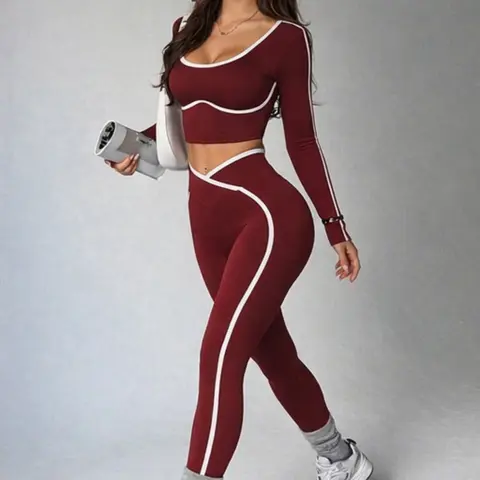 Women's 2-Piece Sportswear Set, Knitted Stretch Slim-Fit Long-Sleeve Top and Colorblock Pants, Colorblock Design, Fashion Athleisure Set for Gym and Casual Wear Sporty Outfit
