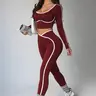 Women's 2-Piece Sportswear Set, Knitted Stretch Slim-Fit Long-Sleeve Top and Colorblock Pants, Colorblock Design, Fashion Athleisure Set for Gym and Casual Wear Sporty Outfit