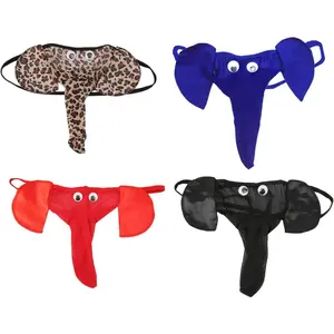 MUSE NOTE 4-Pack Men Lingerie  T-Back Thongs Underwear Elephant Pants Briefs Bottom 4 Piece Set (Black Blue Red Leopard)