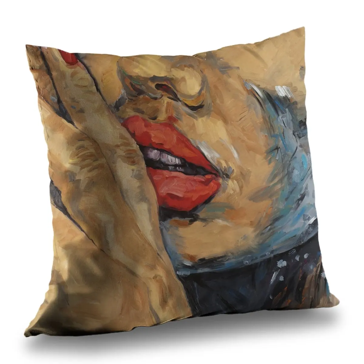 360 Stand 14x14 in. Poly Twill Throw Pillow - 360-Degree Stand, Twill Weave, Artistic Look, Vibrant Lips Print, Soft Home Decor Textile, Lips Motif, 14-Inch Standard Pillows, Art-Inspired Standard Pillows