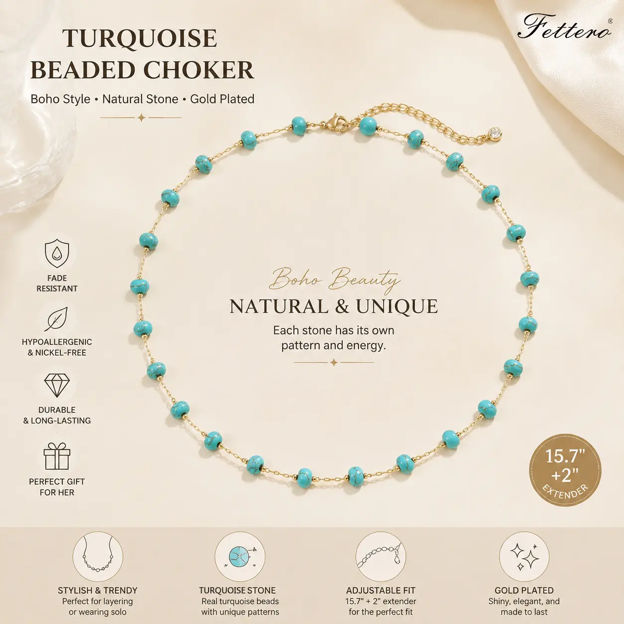 Fettero Gold-Plated Turquoise Beaded Necklace for Women,Adjustable Necklace,Brass Chain Necklace,In Summer Beach Necklaces Boho Necklaces Handmade Western fashion Jewelry accessory Gift for Her DealsForYouDays WeeklyDeals summerwins
