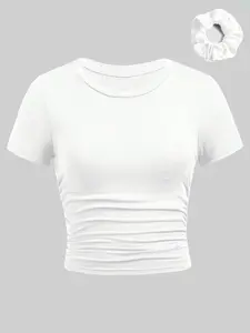 Girls' knitted round neck solid color Basic short sleeved bottom top paired with delicate headband, simple style, comfortable and warm, casual and versatile, slim fit and slimming effect, Fitted