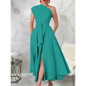 Women's Elegant One-Shoulder Party & Formal Dress - Teal, A-Line Silhouette with Asymmetrical Hemline, Belted Waist - Machine Washable Polyester Blend Evening Gown for Weddings, Galas, Everyday Outfits - Spring/Summer Outfit Essential