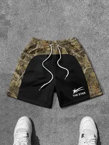 American Outdoor Camo Patchwork Gym Shorts, Side Camo + Front Contrast, Drawstring Waist, Loose Fit, Streetwear Style