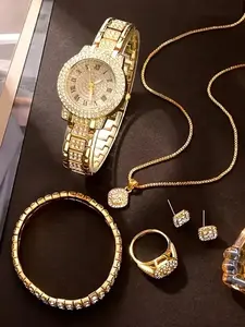 Luxury Fashion Watch Set with Elegant Rhinestone Bracelet, Perfect Gift for Birthday, Christmas, Valentine's Day, Quartz Analog, Alloy Case, Complete Set