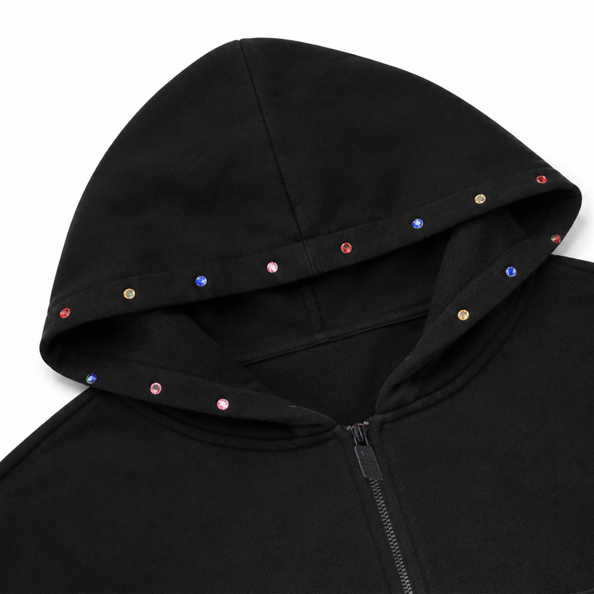 FDR Colorful Rhinestone Washed Zip-Up Hoodie & Sweatpants Set for Women Premium Soft Tracksuit | Oversized Casual Cropped Pullover Two-Piece Matching Top Wide Leg Baggy Pants