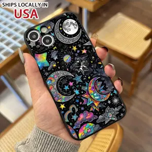 Colorful Stars and Moon Fashion Romantic Aesthetics iPhone Case for iPhone 16 11 15 14 13 12 Pro Max XR Plus Black Case Protection Teen Boys and Girls Gifts Trend Items