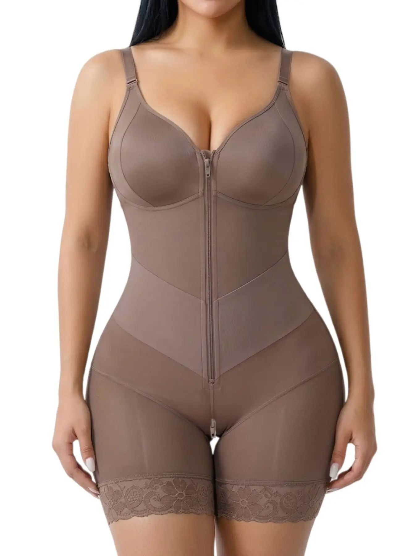 1 Count Women's Butt Lifting Tummy Control Full Body Shaper, Solid Color V Shaped Waist Belt Double Compression Smooth Shapewear, Adjustable Shoulder Straps Bodysuit, Lace Trim Jumpsuit, Underwear, Fit, Ideal for Sports & Yoga & Gym