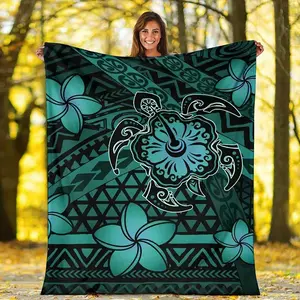 Soft & Cozy Fleece Blanket - Vintage Hawaiian Polynesian Sea Turtle & Hibiscus Design, Teal & Black Geometric Pattern, Lightweight All-Season Throw For Camping & Travel, Perfect Gift For Home Decor