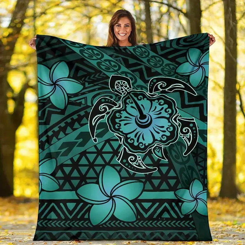 Soft & Cozy Fleece Throw Blanket - Vintage Hawaiian Polynesian Sea Turtle, Hibiscus Design, Teal & Black Geometric Pattern, Lightweight All-Seasons Blanket for Camping, Travel, Perfect Home Decor Gift