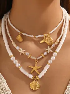 3-Piece Summer Ocean Style Polymer Clay Shell Pendant Necklace Set for Women, Elegant Beach Jewelry Gift Idea