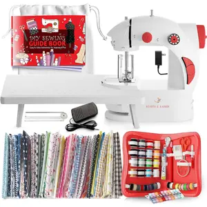 Mini Sewing Machine for Beginners, Dual Speed Small Sewing Machine for Kids and Adults with Extension Table, 122 Set Includes, Fabrics, Project Book and More, Red