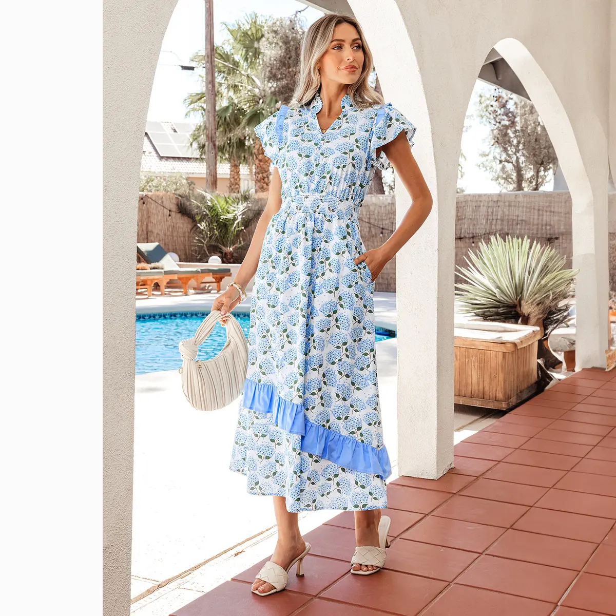 Mntaor Women's Sky Blue Floral Ruffle Flutter Sleeve Maxi Dress Ideal for Date Nights Garden Parties Weekend Getaways Trendy Cottagecore Romantic Aesthetic Soft Breathable Material Casual Womenswear