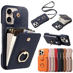 Anti-Drop Phone Case for iPhone 16 Pro Max/15 Pro Max/14/13/12/11, Multi-Card Slot Holder, Long Lanyard Strap, Protective Cover