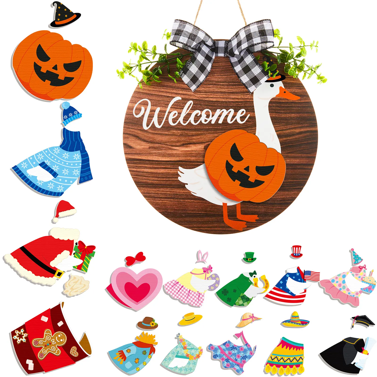 Gejoy Goose Sign for Front Door 16pcs Interchangeable Goose Sign Wooden Sign for Summer Halloween Seasonal Holiday Changeable Welcome Decoration for Door Hanger Farmhouse Porch Geese Outdoor,Housewarming Gift for Goose Lovers