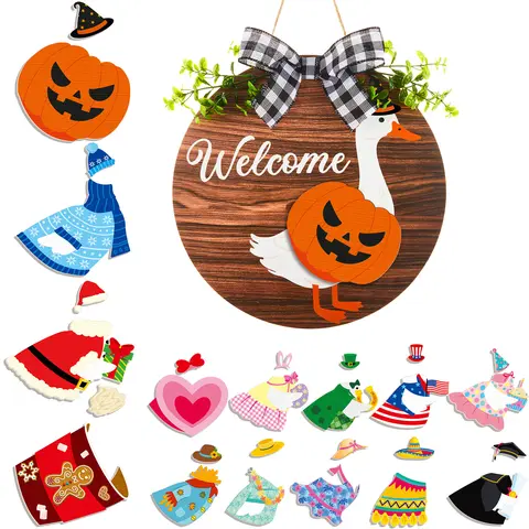 Gejoy Goose Sign for Front Door 16pcs Interchangeable Goose Sign Wooden Sign for Summer Halloween Seasonal Holiday Changeable Welcome Decoration for Door Hanger Farmhouse Porch Geese Outdoor,Housewarming Gift for Goose Lovers