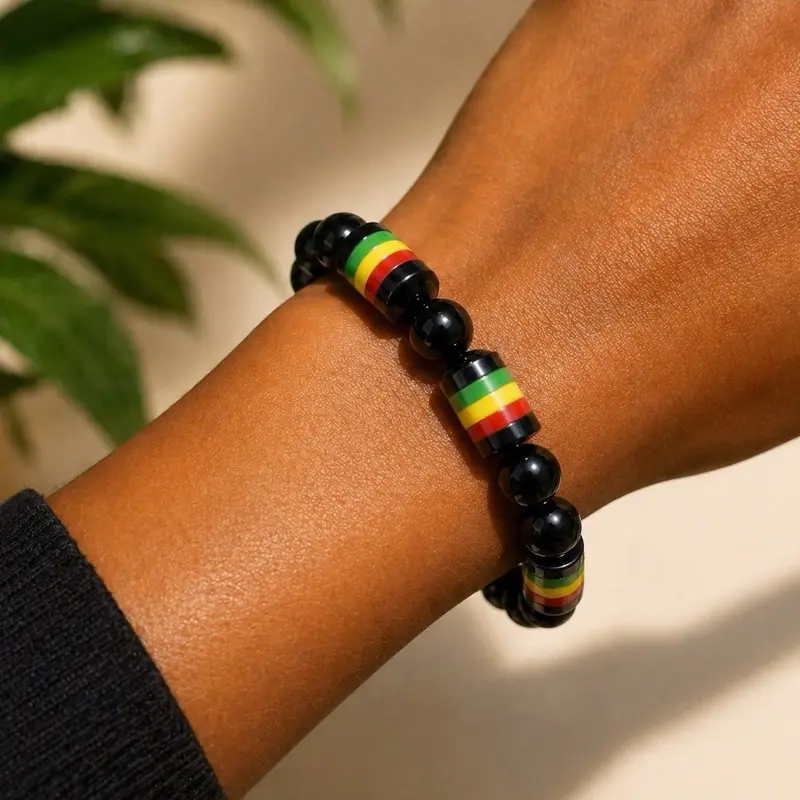 Rasta Bead Bracelet with Black, Yellow, and Green Beads for Men and Women