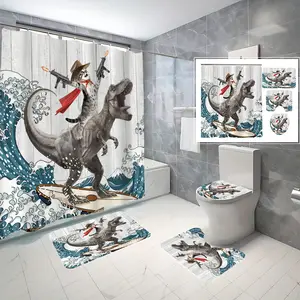4 Pcs Cartoon Cat Dinosaurs Bathroom Curtain Sets with 12 Hooks,Blue Wave Design Bathroom Decor Sets - Bathroom Shower Curtain,Toilet Lid Cover,Non-Slip Bathroom Rugs and U Shape Bath Mat,Modern Simple Waterproof Fabric Bathroom Decoration Set