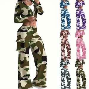 Colored Camoflauge Print Cropped Button-Up Jacket & Cargo Pocketed Elastic Waist Wide Leg Sweatpants Women's Tracksuit