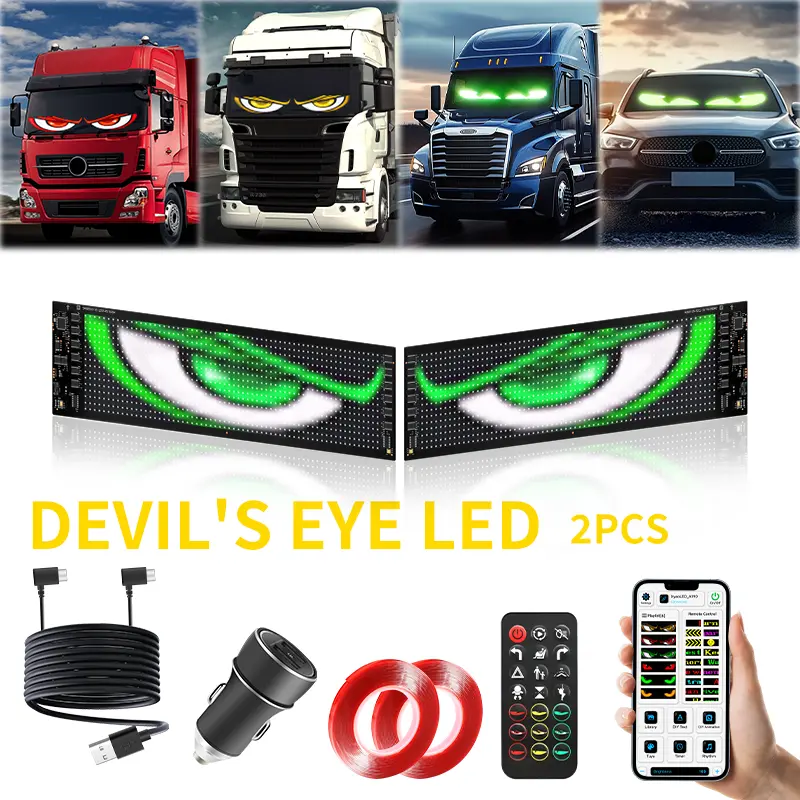 2PCS 4.72"x23.43" Devil Eyes LED Light Sign - Animated 16x96px Scrolling Display, APP Remote Control, Car Accessories for Trucks