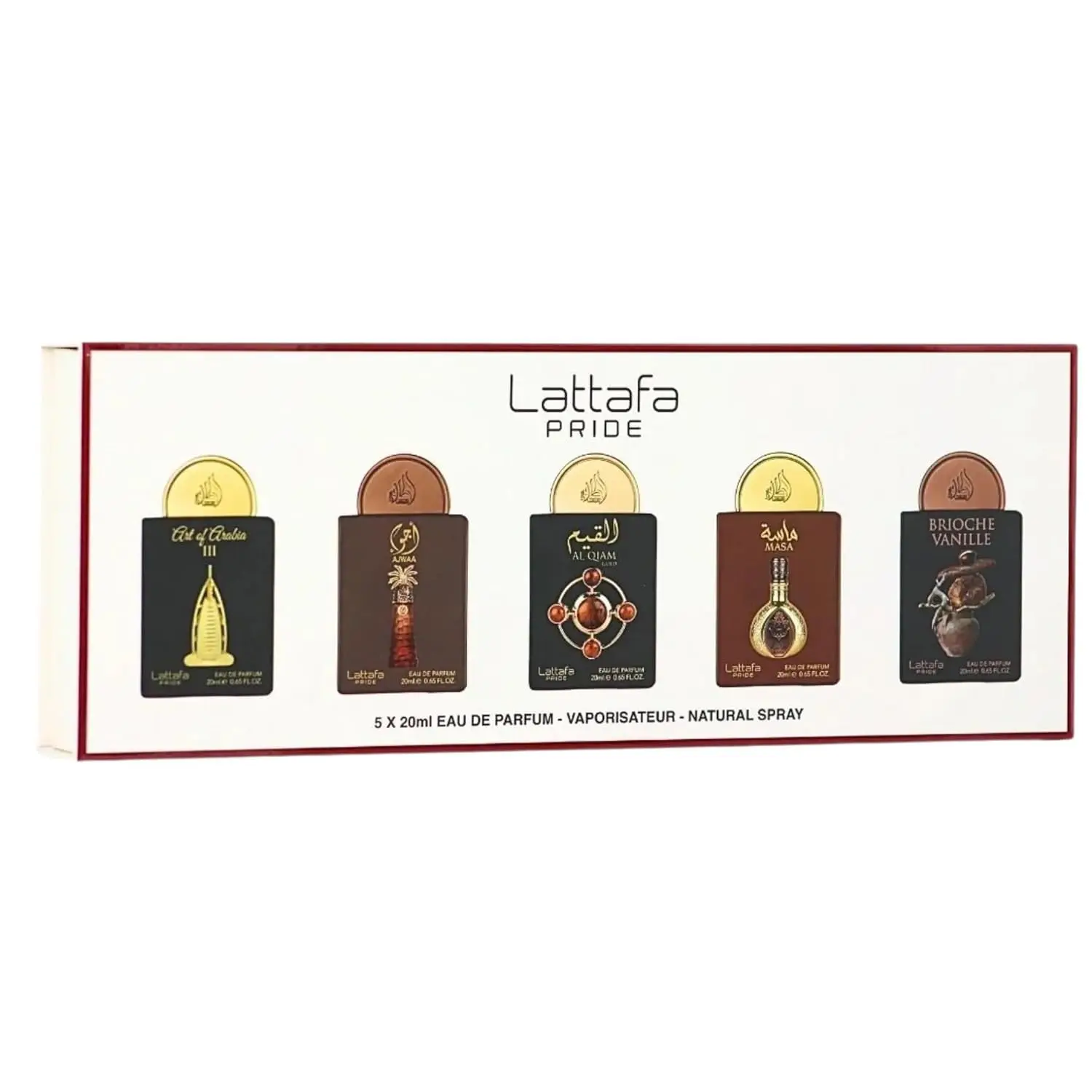 Lattafa Pride Discovery Set 3 | 5 x 20ml Eau De Parfum Spray | Art of Arabia III, Ajwaa, Al Qiam Gold, Masa & Brioche Vanille | Luxury Fragrance Set for Men and Women (Unisex)