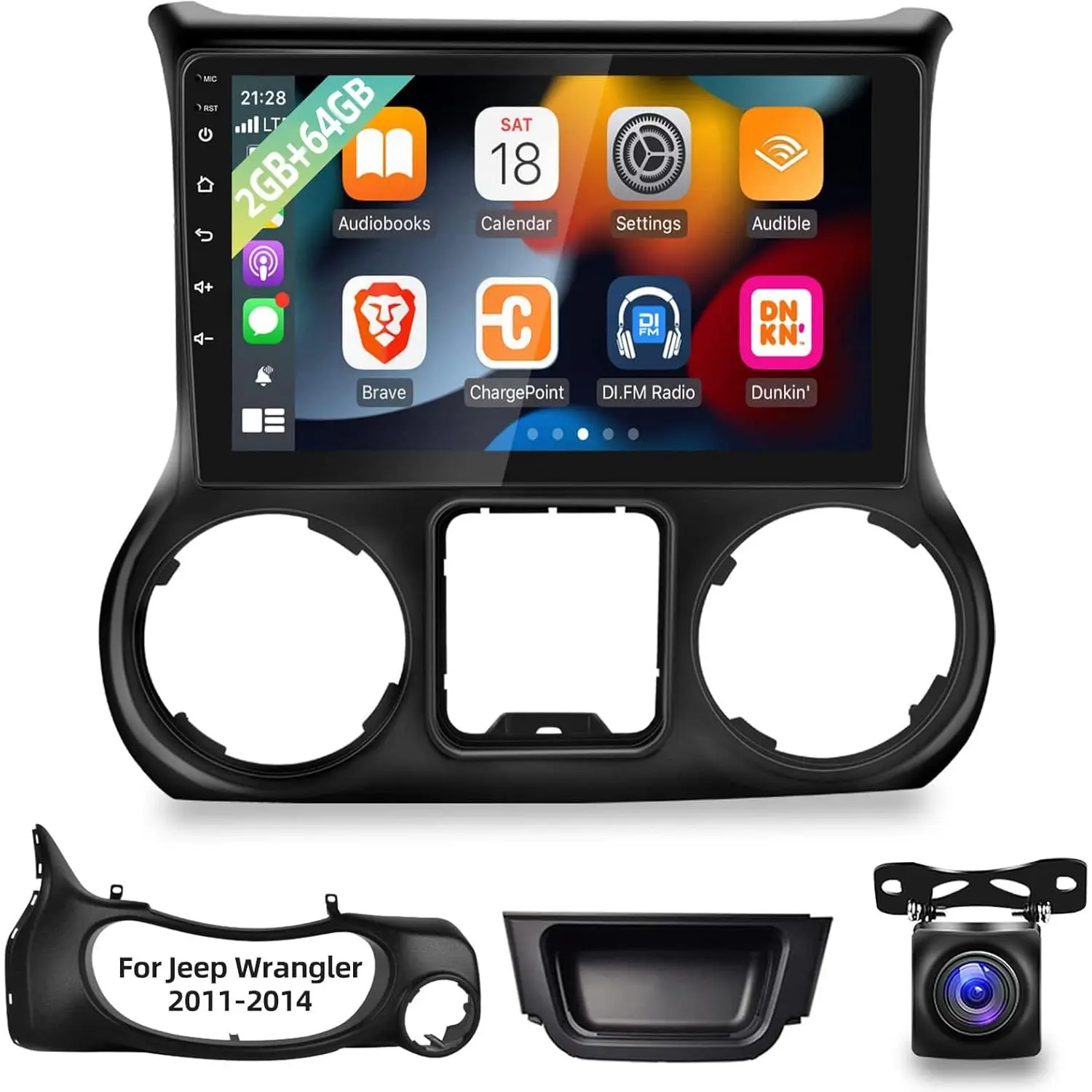 Rimoody 2+64G Android Car Radio for Jeep Wrangler 2011 2012 2013 2014 with Carplay and Android Auto 10.1 inch Touch Screen Car Stereo, HiFi Audio/Bluetooth/WiFi/GPS +AHD Backup Camera