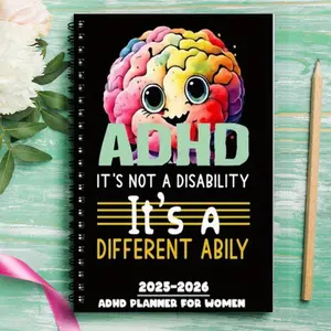 1pc ADDH Relaxation Notepad: ADHD themed, with black cover and colorful brain illustration, ADHD Planner for Women, cute motivational text, durable spiral binding. Suitable for housework, office & personal organization, Christmas gift.