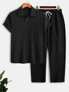 Men's Waffle Knit Short Sleeve Polo Shirt & Long Pants Set, 2 Piece Breathable Casual Fashion, Summer for Daily Vacation Street Party Wear